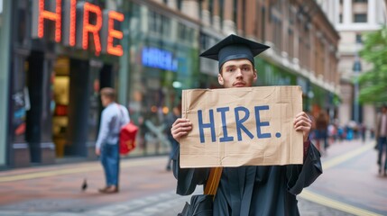 A man student wearing a graduation gown and a cap, young teenage standing on a city street and holding up a sign with text "HIRE ME." Looking for a job with a degree, career after college. 