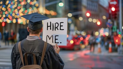A man student wearing a graduation gown and a cap, young teenage standing on a city street and holding up a sign with text "HIRE ME." Looking for a job with a degree, career after college. 