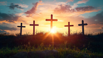 Tranquil Wooden Crosses Silhouetted at Sunrise Symbolic Religious Scene with Sunbeams