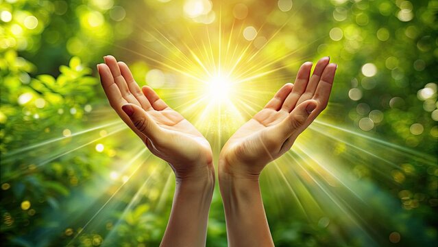 Soothing darkness surrounds a pair of delicate hands, palms upwards, radiating a warm, comforting energy, symbolizing the calming, holistic power of Reiki healing practices.