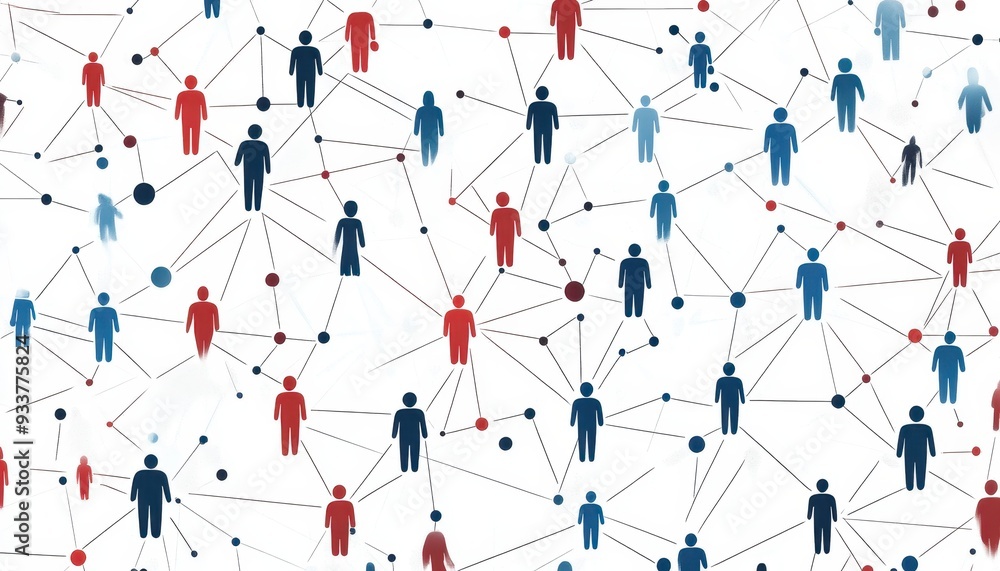Poster abstract network illustration with interconnected figures in blue and red symbolizing communication 