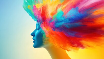 Artistic profile of a person with a colorful explosion of imagined hair, blending rainbow hues in a dynamic and vivid visual display.