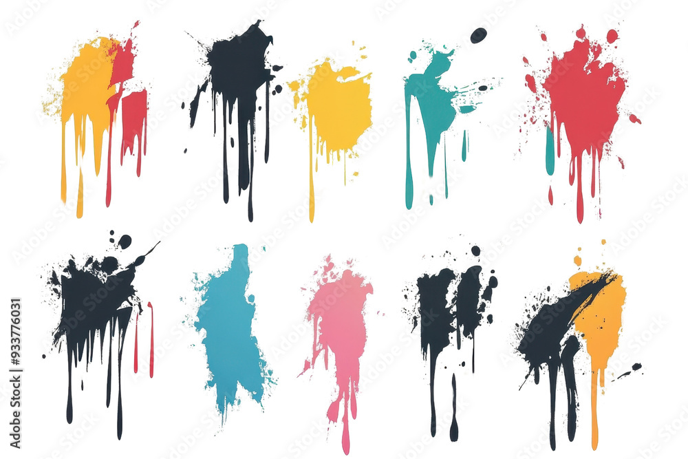 Poster set of colorful paint splatters with dripping effect in various shapes and sizes, perfect for artist