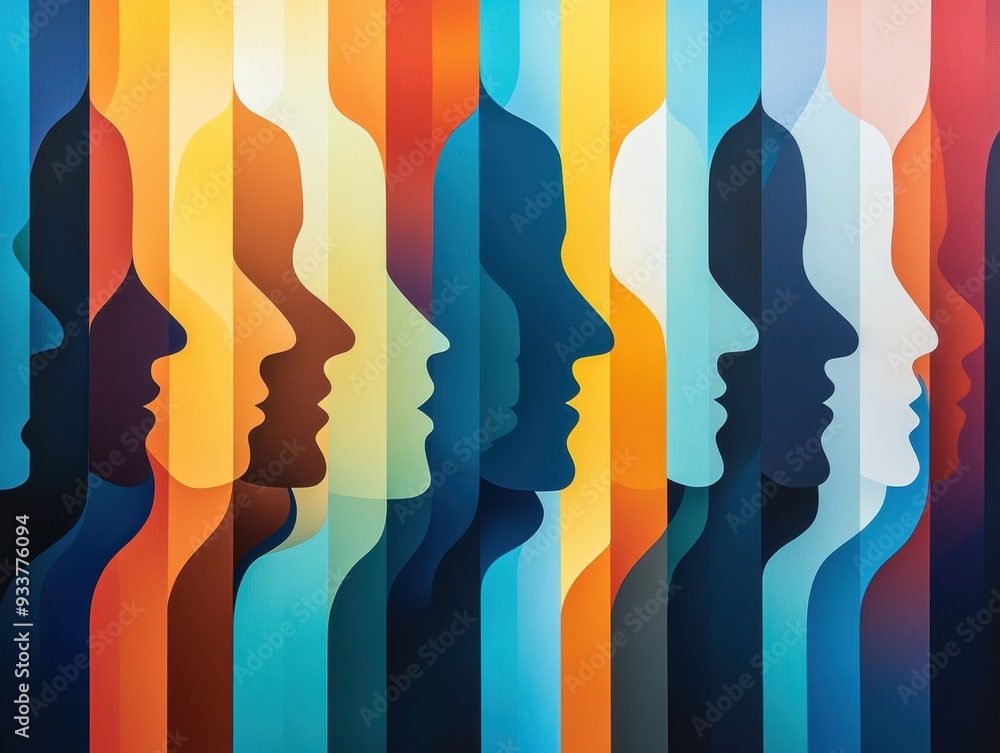 Poster Colorful abstract art featuring overlapping human profiles in various shades, creating a vibrant and modern visual effect.