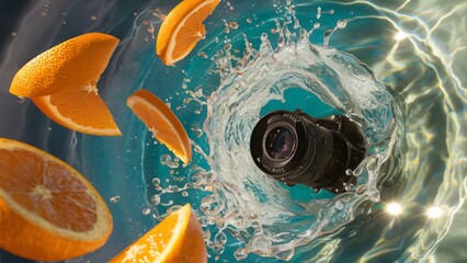 Super slow motion shot of fresh orange slices, glistening with juice, floating in mid-air. The camera then dives into crystal-clear water, creating a mesmerizing splash 