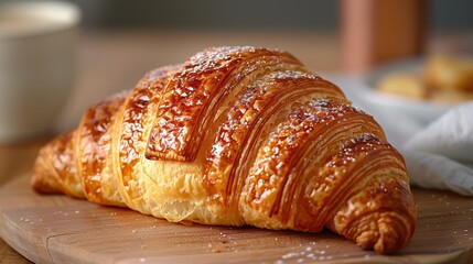 A richly textured and golden-brown freshly baked croissant sits on a wooden cutting board, showcasing the intricate layers and flakiness that make it a quintessential freshly baked treat