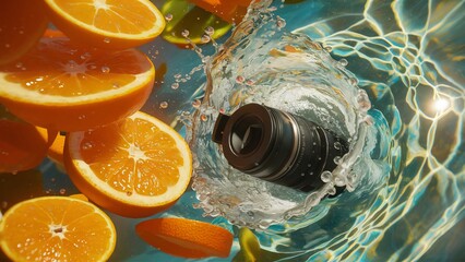 Super slow motion shot of fresh orange slices, glistening with juice, floating in mid-air. The camera then dives into crystal-clear water, creating a mesmerizing splash 