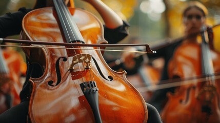 Fototapeta premium Beautiful close-up image of a musician playing a cello, showcasing detailed craftsmanship of the instrument during an outdoor orchestral performance