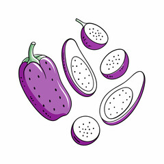 Set of doodle outline eggplant with spots Whole and pieces (5)
