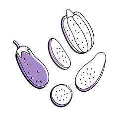 Set of doodle outline eggplant with spots Whole and pieces (4)