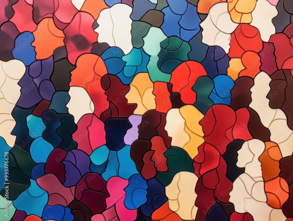 Poster colorful abstract mosaic of face silhouettes in various shapes and hues creating a vibrant and artis