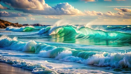Soothing turquoise waves gently lap against the shore, creating a mesmerizing pattern of swirling water and foamy textures in the foreground.