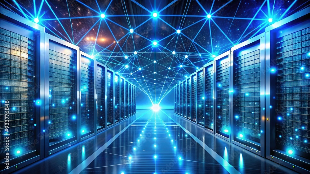 Poster sophisticated futuristic illustration of virtual servers and data streams merging in cyberspace, rep