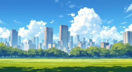Obraz premium City Skyline with Tall Buildings, Green Trees, and Park Grass under a Blue Sky with White Clouds