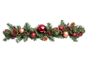 Festive Christmas garland with pine cones and red ornaments, perfect for holiday decorations and enhancing seasonal ambiance.