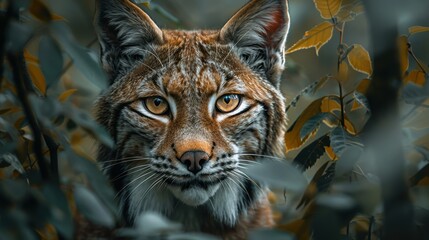 A close-up photograph of a wild lynx with striking golden eyes, captured amidst lush forest foliage, showcasing the animal's majestic and powerful presence in its natural habitat