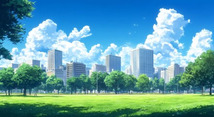 Obraz premium City Skyline with Tall Buildings, Green Trees, and Park Grass under a Blue Sky with White Clouds