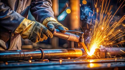 Spark-emitting welding torch flames illuminate a gloved hand carefully joining two rusty metal pipes in a dimly lit industrial workshop background.