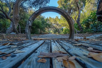 A serene and picturesque forest pathway framed by a circular wooden structure in a natural park, with fallen leaves scattered on the wooden planks