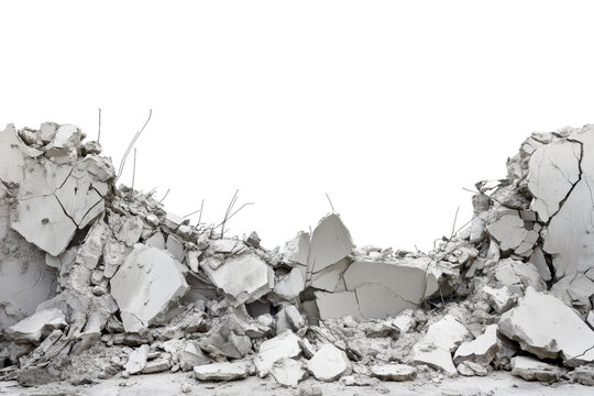Demolition debris showing broken concrete and rubble from a collapsed structure, illustrating destruction and construction themes.