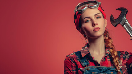 Woman mechanic or plumber with big iron wrench.