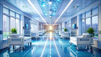 Obraz premium Sparkling clean hospital corridor with rows of sanitizing stations, empty beds, and isolated rooms, conveying a sense of sterile safety during the pandemic.