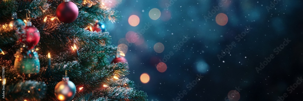 Poster Festive Christmas Tree with Sparkling Lights and Bokeh Background - A close-up of a decorated Christmas tree with red and green ornaments, twinkling lights, and a soft, blurred background of twinkling