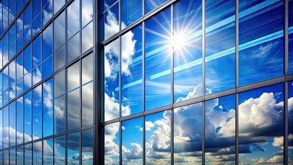 Sparkling clean office window reflects a bright blue sky and fluffy white clouds, with a squeaky clean pane and a subtle office building silhouette.