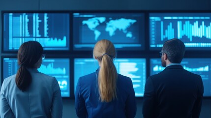 Project analysis, team reviewing data on digital boards, 3D illustration