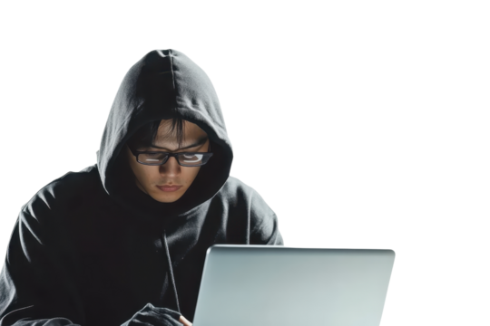 A person in a hoodie and glasses working on a laptop, symbolizing cybersecurity, technology, and hacking in a modern digital age.