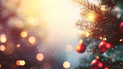 A Christmas tree adorned with red baubles and lights against a blurred background