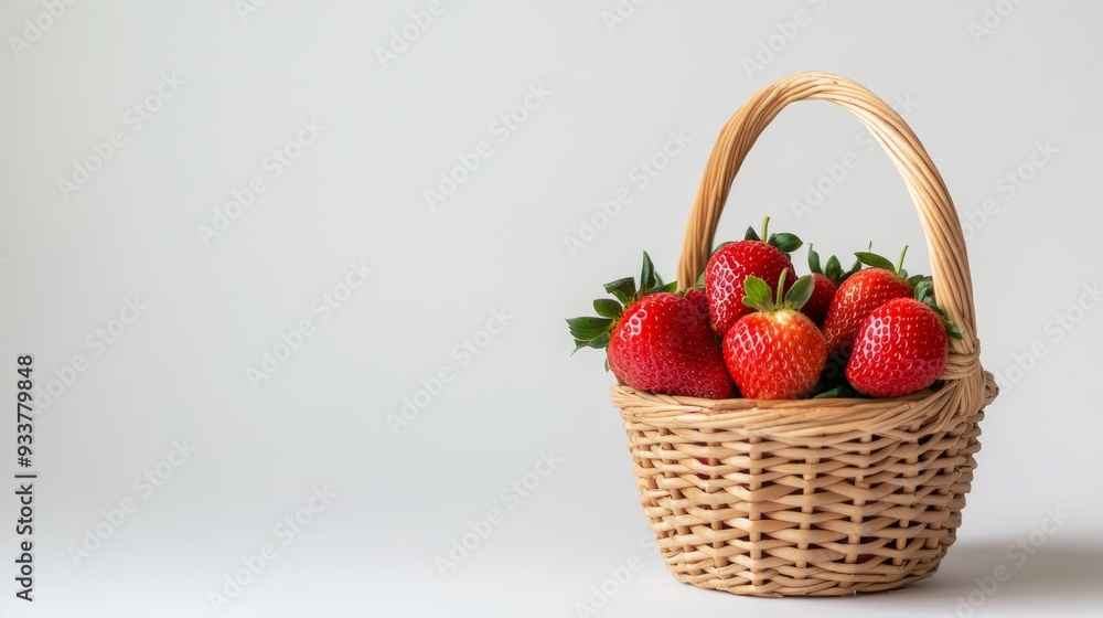 Poster Fresh Strawberries in a Wicker Basket on a White Background - A wicker basket filled with ripe strawberries symbolizes freshness, summer, sweetness, abundance, and wholesomeness.