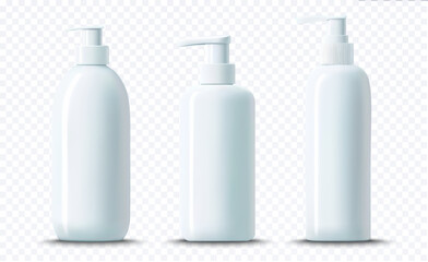 Capture the clean and minimalist design with this set of three white plastic dispenser bottles, ideal for showcasing cosmetics, sanitizers, or skincare products. Vector illustration