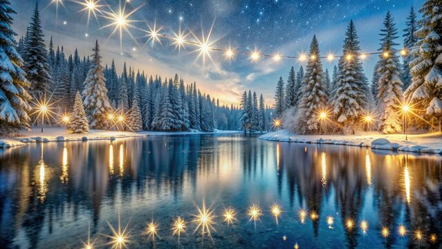 Sparkling snowflakes gently fall on a serene frozen lake, surrounded by majestic pine trees and twinkling string lights, under a starry winter wonderland night sky.