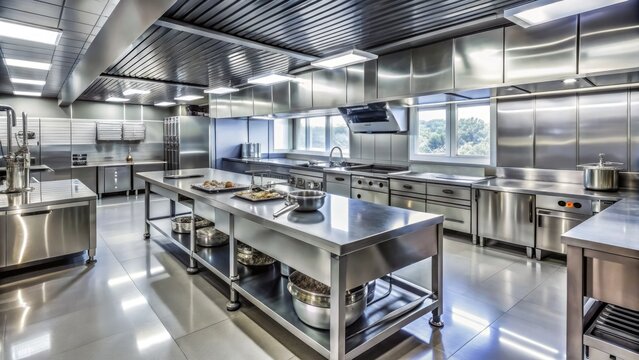 Sparkling stainless steel countertops, shiny equipment, and spotless floors showcase a meticulous cleaning job in a modern commercial kitchen.