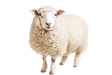 Obraz premium Portrait of a fluffy white sheep standing isolated on a transparent background. showcasing its woolly coat and innocent expression.