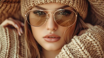 A young woman wearing stylish aviator sunglasses with a chic brown knit hat and sweater, exuding warmth and elegance in her fashion-forward winter attire