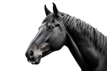 Graceful black horse portrait with a close-up view showcasing its beautiful features and glossy coat, isolated on a transparent background.