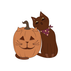 Cozy Halloween scene cat and pumpkin lantern
