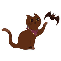 Adorable Halloween duo: cat and flying bat