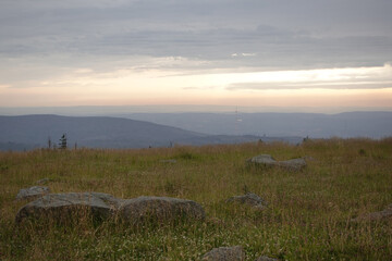 Landscape And Misty View Into The Distance At The Summit of The Brocken In The Evening In Summer