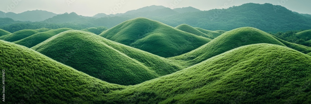 Poster Lush Green Rolling Hills Landscape - A serene and captivating landscape with rolling green hills, symbolizing tranquility, growth, and the beauty of nature.  The soft light and gentle curves create a 