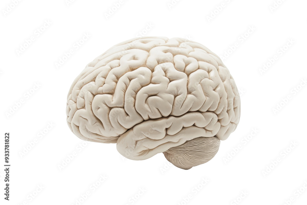 Poster detailed close-up image of a human brain, showcasing intricate anatomy and structure on a transparen