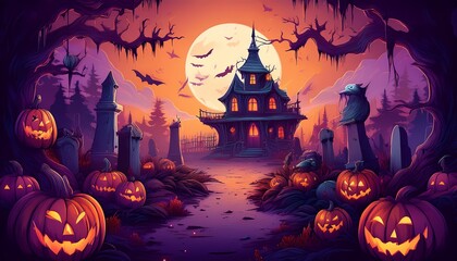 Fototapeta premium halloween themed cartoon background with pumpkins, creepy ghosts, and witches, haunted house