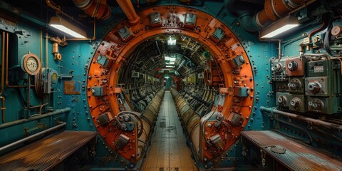 A captivating, detailed view inside a vintage submarine, showcasing intricate machinery, controls, and narrow pathways leading deeper into the vessel