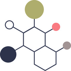 Abstract molecule structure with hexagonal and circular shapes in various colors representing chemical bonds.