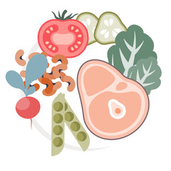Illustration of a balanced meal with vegetables, legumes, and lean meat, symbolizing healthy eating.