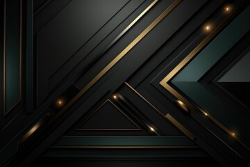 Abstract geometric background with black, gold, and teal elements.
