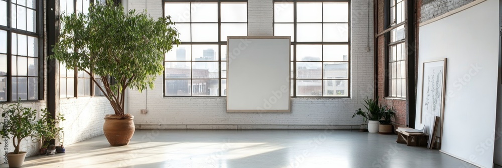 Wall mural Modern Loft Interior with Large Windows and Blank Canvas for Your Design - A minimalist loft interior with large windows, a blank canvas, and a potted plant. This space represents creativity, inspirat