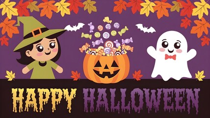 Cheerful Halloween flag. Animation witch, kawaii phantom and desserts pail. October party or harvest time occasion merry vector level flag, fall season repulsiveness banner. Halloween Concept.